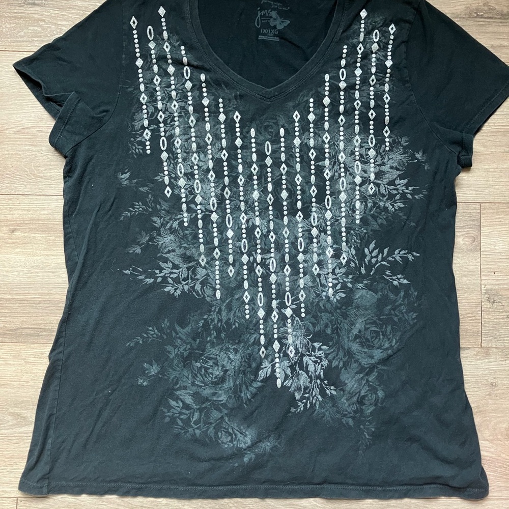 Just My Size Sparkly Rose Pattern Black and White Graphic Tee